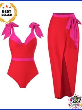 Women's Retro Floral One Piece Swimsuit with Beach Cover Up Wrap Skirt Sarong
